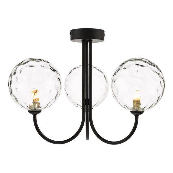 Jared 3 Light Semi Flush Ceiling Light In Matt Black With Dimpled Clear Glass Shades