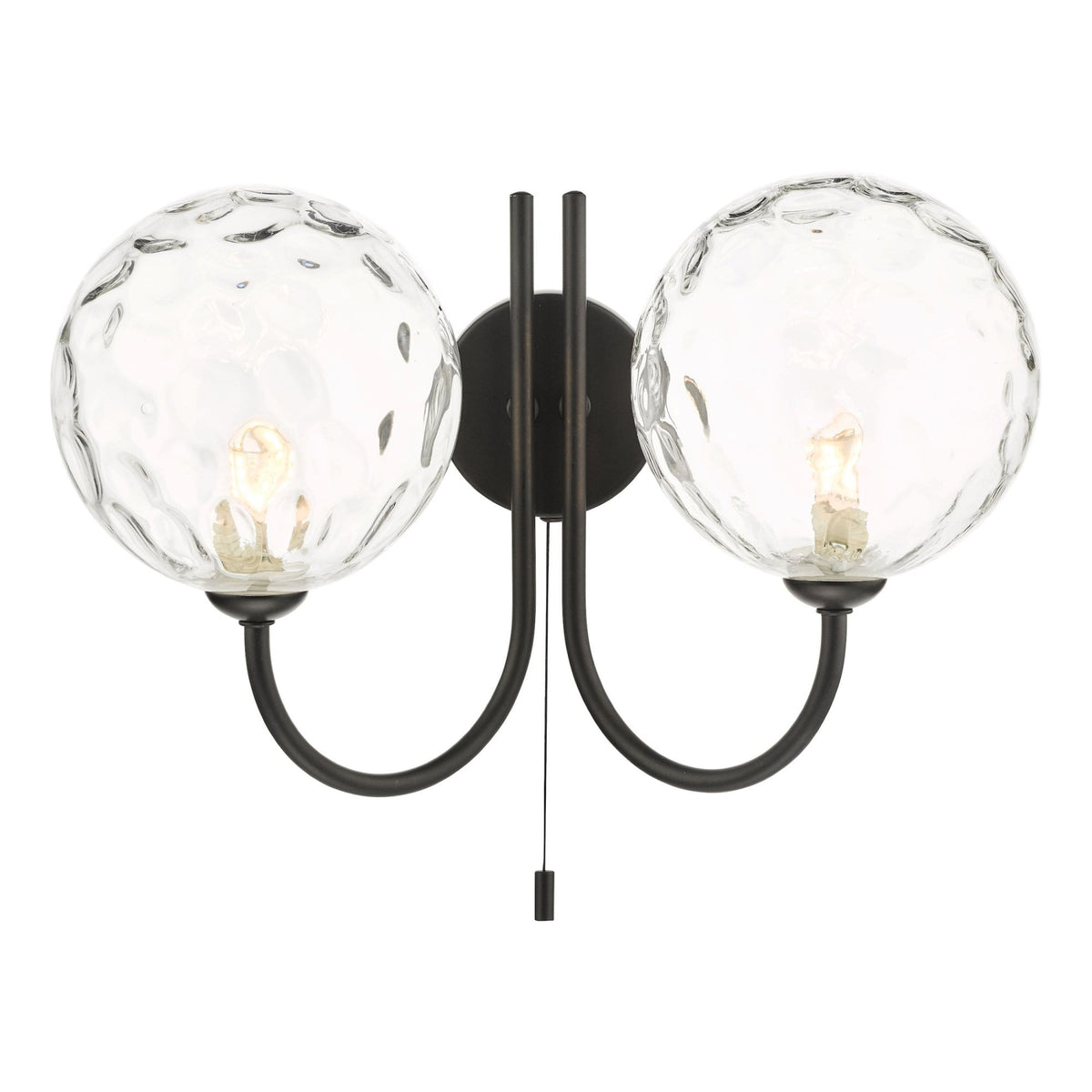 Two clear textured glass globe lights with dark metal frame and pull cord switch.