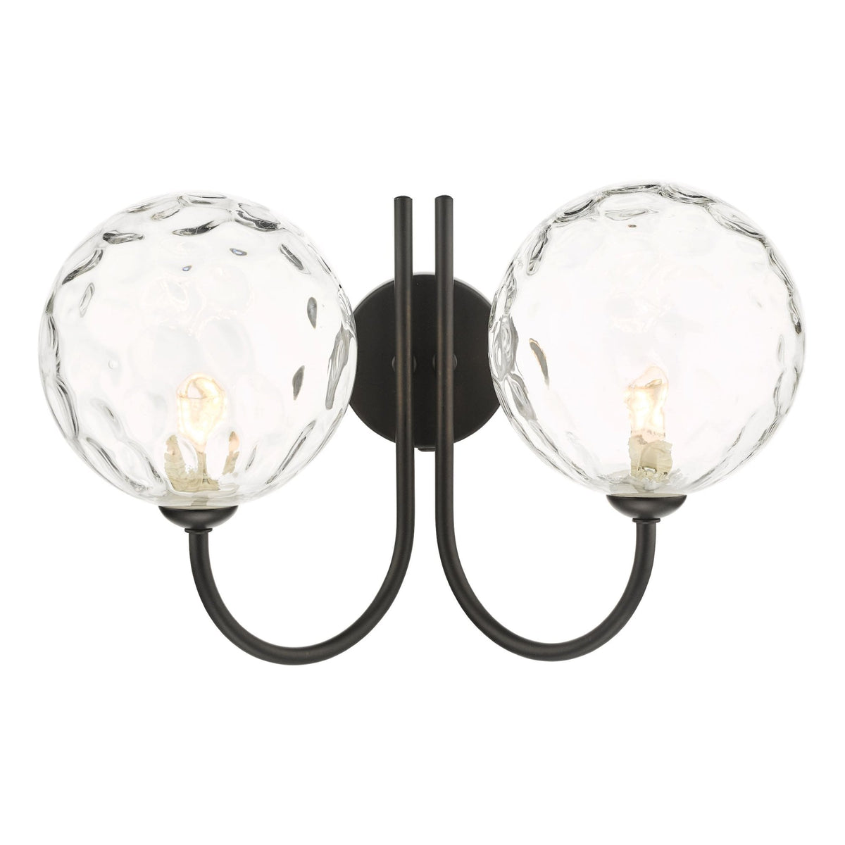 Two clear textured glass globe lights with dark metal frame.