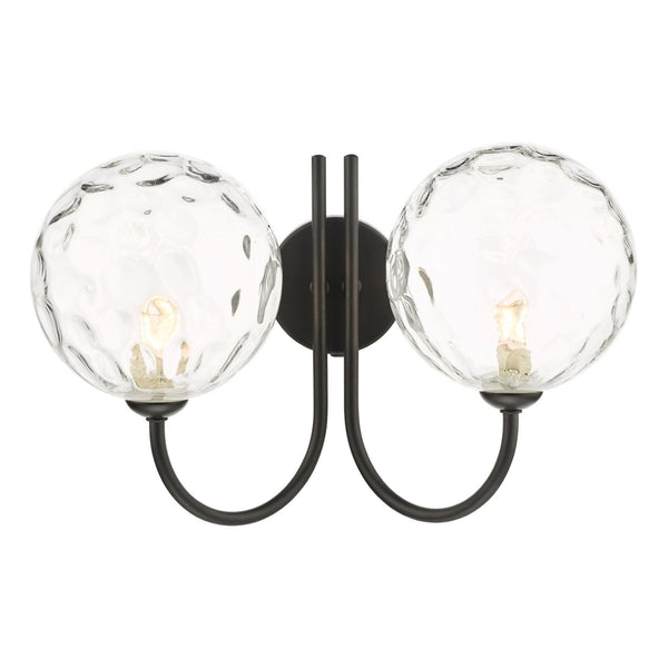 Two clear textured glass globe lights with dark metal frame.