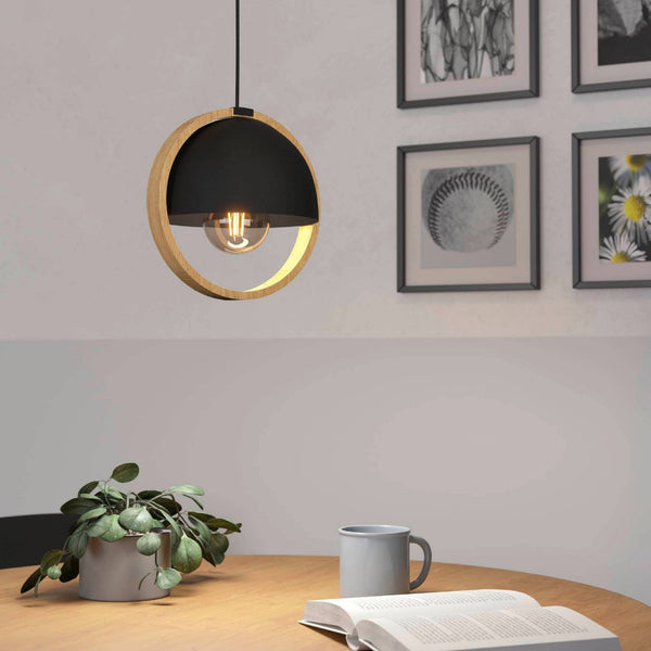 Callow Single Drop Pendant with Round Black Lampshade & Natural Wood Ring