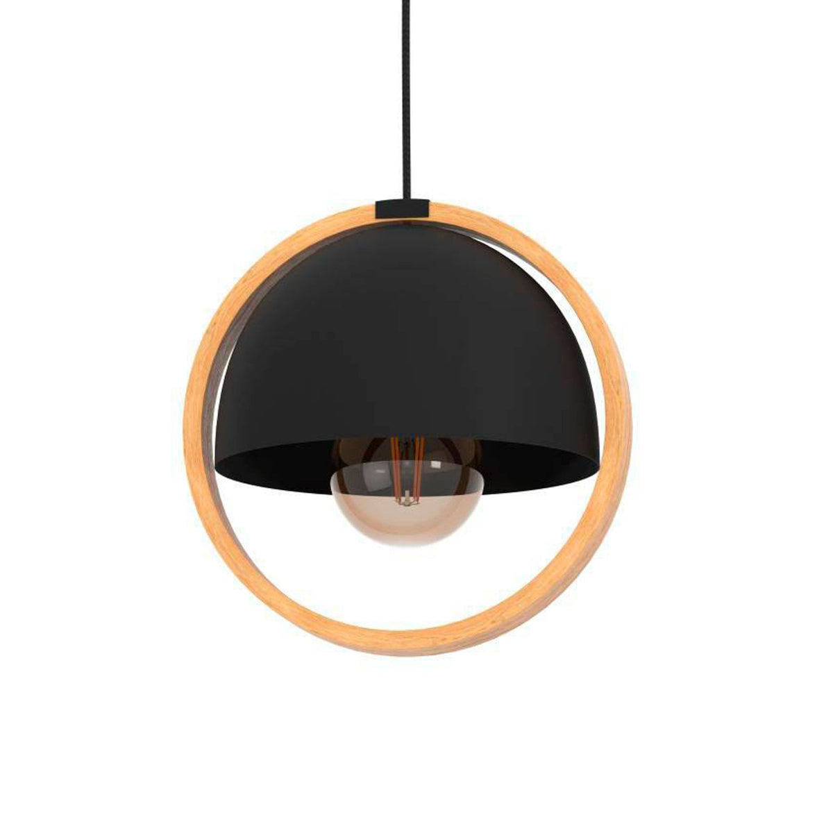 Callow Single Drop Pendant with Round Black Lampshade & Natural Wood Ring