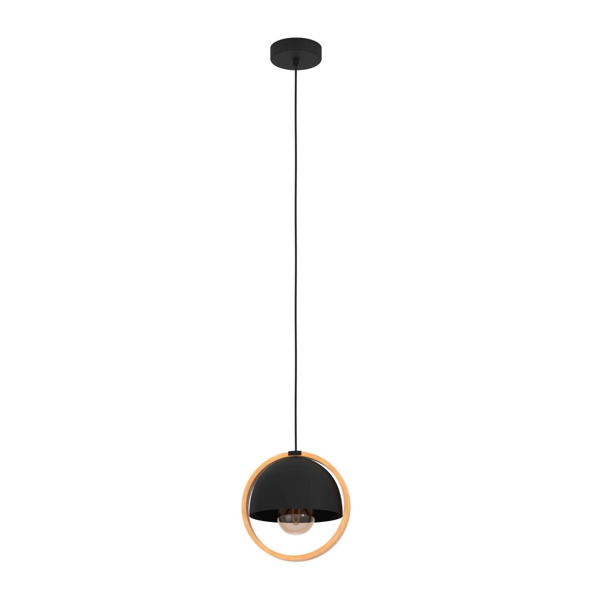 Callow Single Drop Pendant with Round Black Lampshade & Natural Wood Ring
