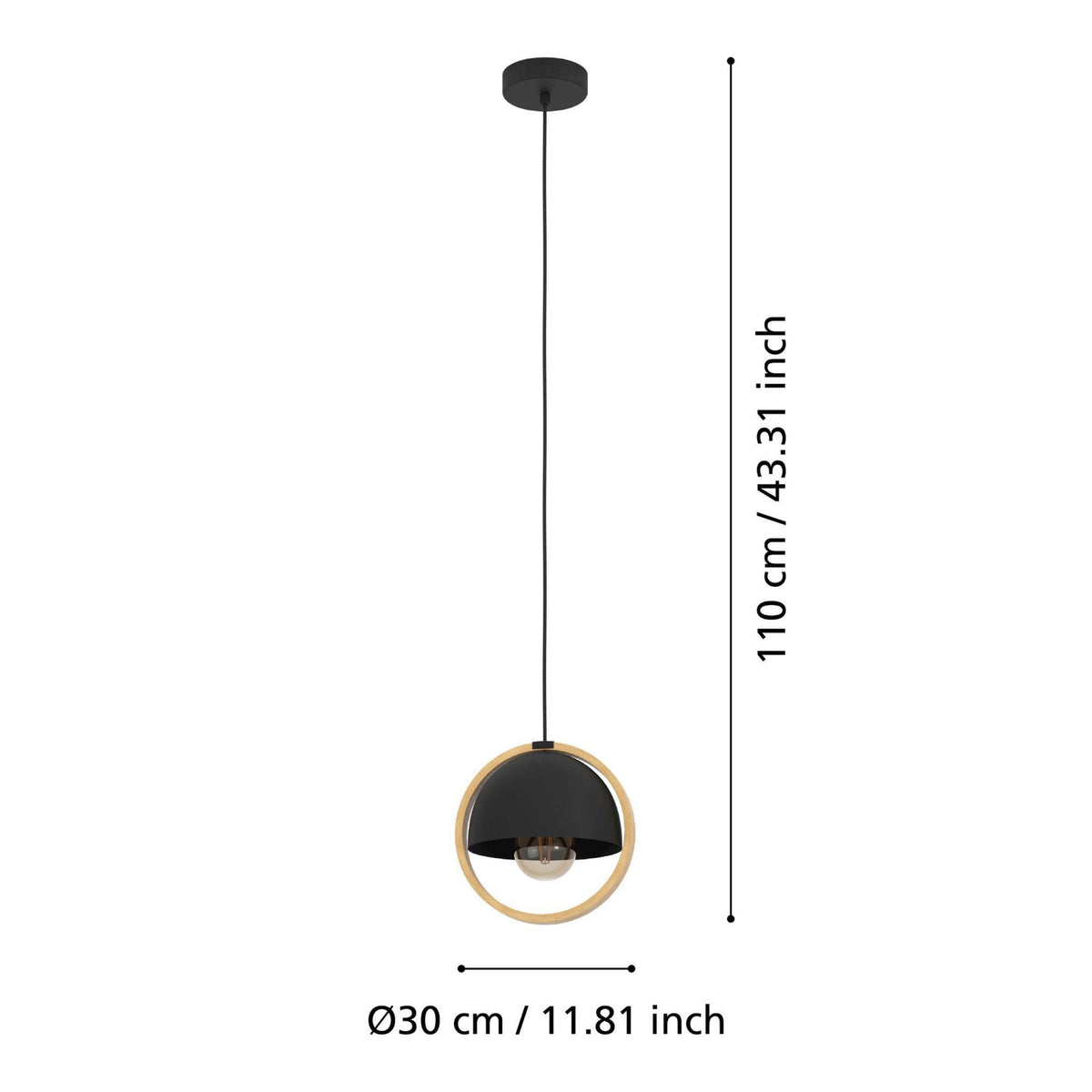 Callow Single Drop Pendant with Round Black Lampshade & Natural Wood Ring