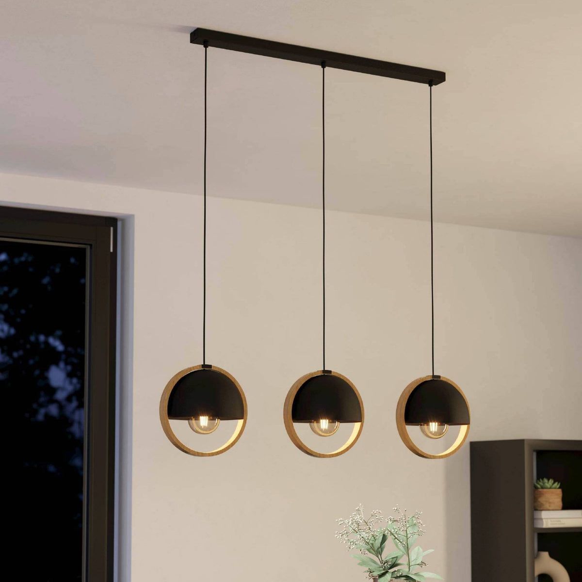 Callow Triple Drop Linear Pendant with Round Black Lampshades & Natural Wood Rings