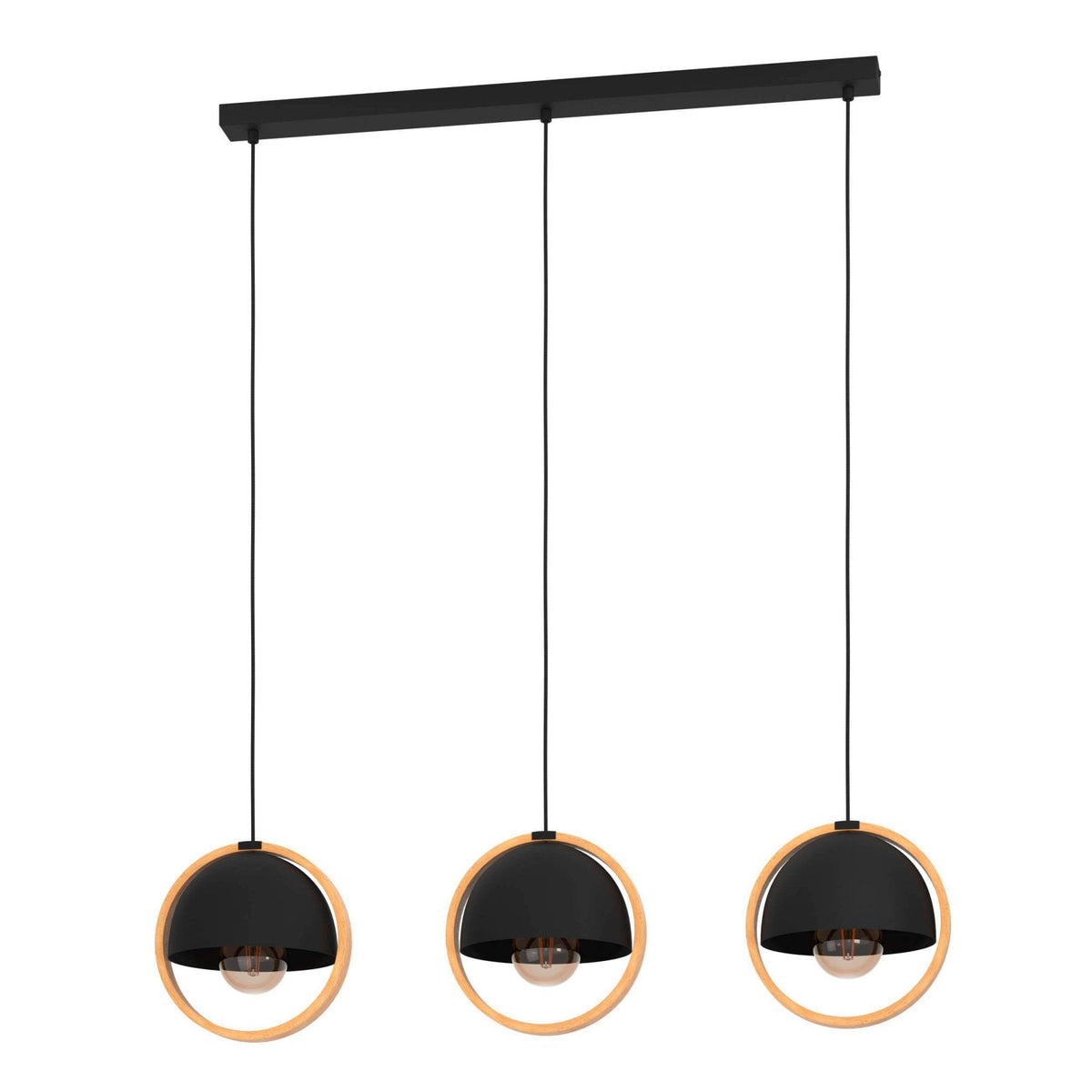 Callow Triple Drop Linear Pendant with Round Black Lampshades & Natural Wood Rings