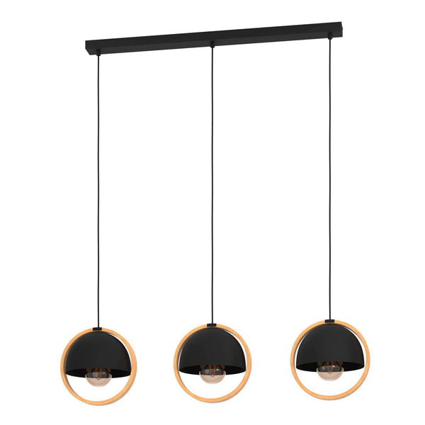 Callow Triple Drop Linear Pendant with Round Black Lampshades & Natural Wood Rings