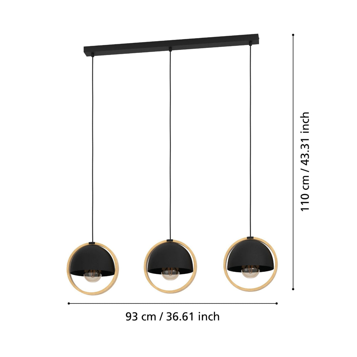 Callow Triple Drop Linear Pendant with Round Black Lampshades & Natural Wood Rings