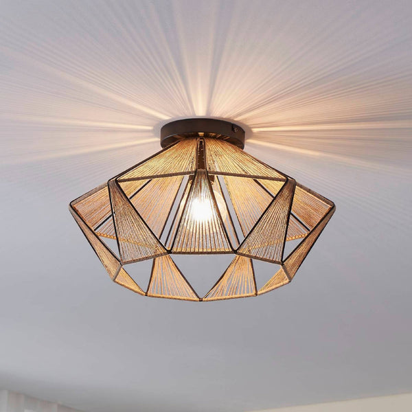 Adwickle Ceiling Light in Black and Wrapped with Natural Hemp Yarn