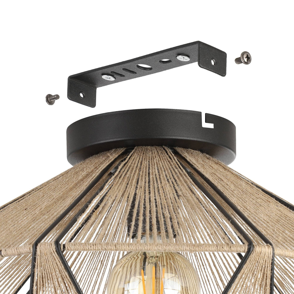 Adwickle Ceiling Light in Black and Wrapped with Natural Hemp Yarn