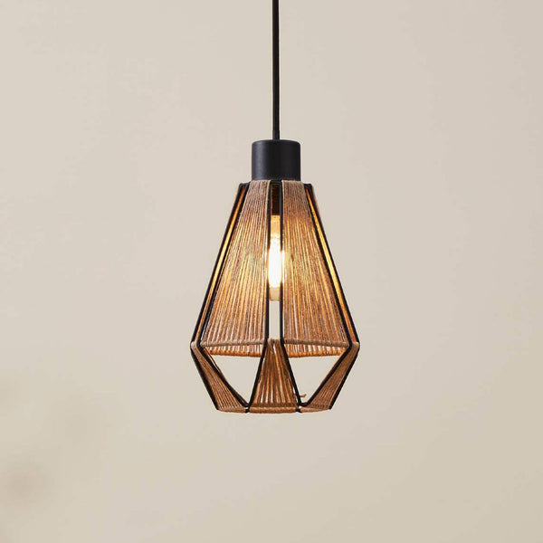 A close-up of the pendant light, highlighting the intricate rope-wrapped design.