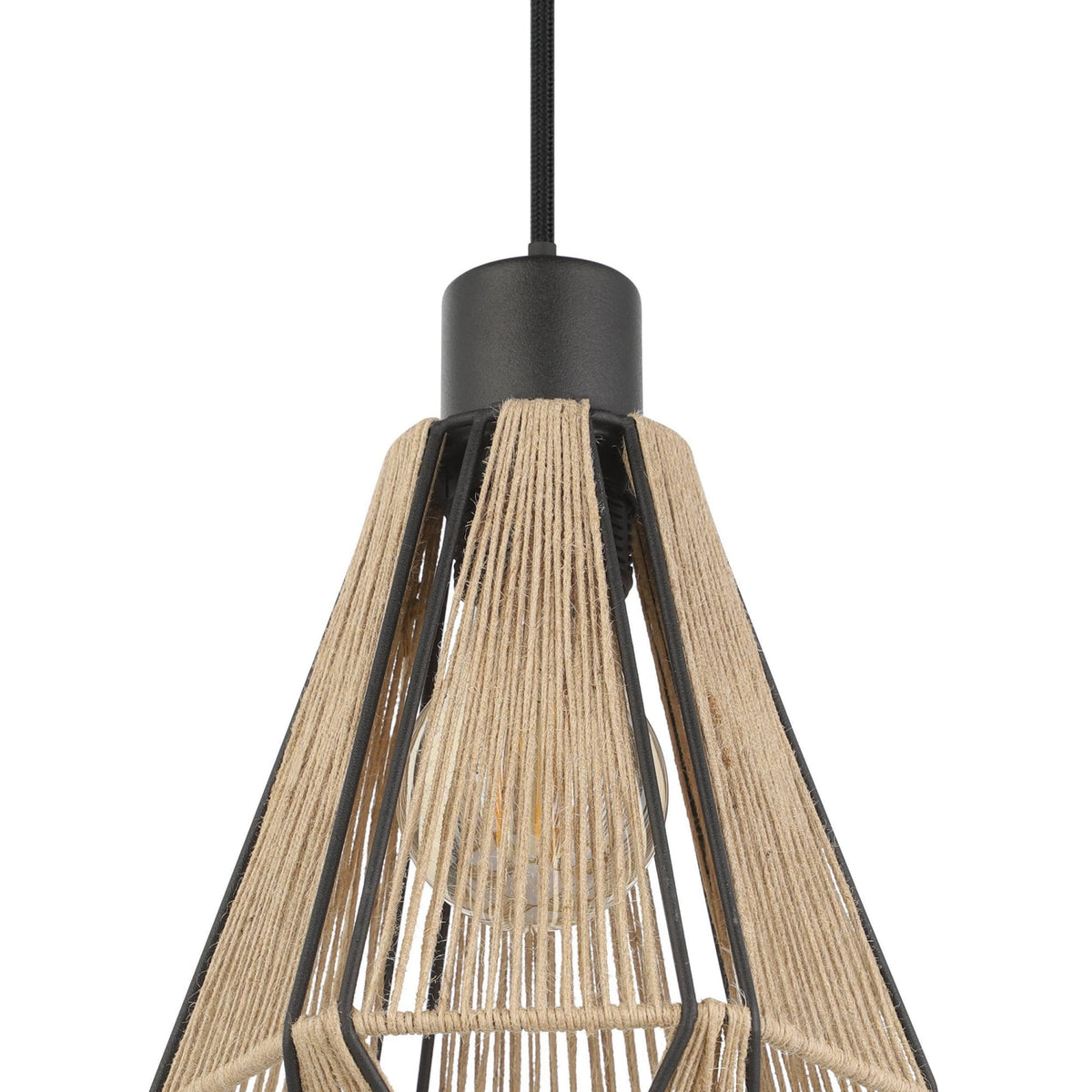 A detailed shot of the pendant light's rope weaving and light bulb.