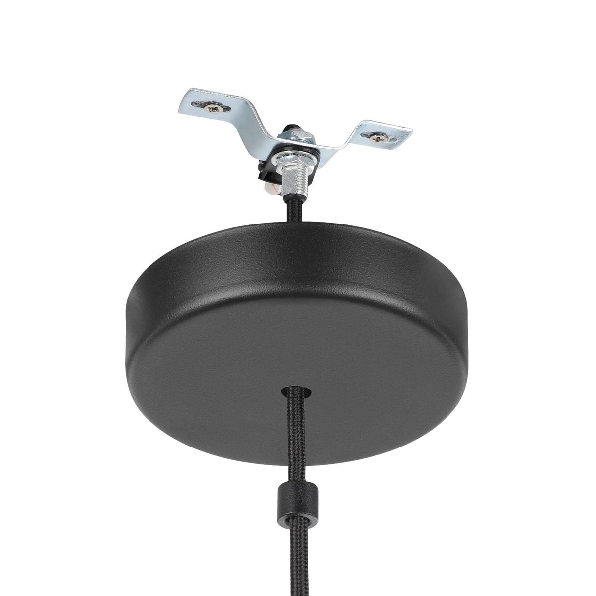 A close-up of the ceiling rose and mounting bracket for the pendant light.