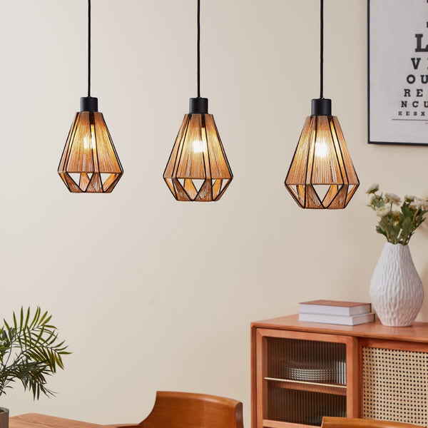 Adwickle Triple Drop Pendant in Black and Wrapped with Natural Hemp Yarn