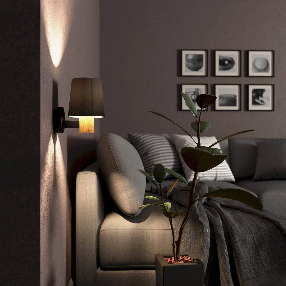 Edale Wall Light in Black with Wood Detailing and Cappuccino Shade