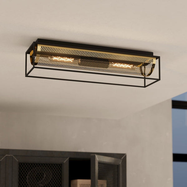 Nohales Two Lamp Ceiling Light in Black with Metal Mesh Element in Brass