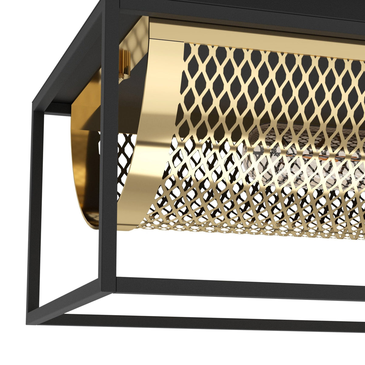 Nohales Two Lamp Ceiling Light in Black with Metal Mesh Element in Brass