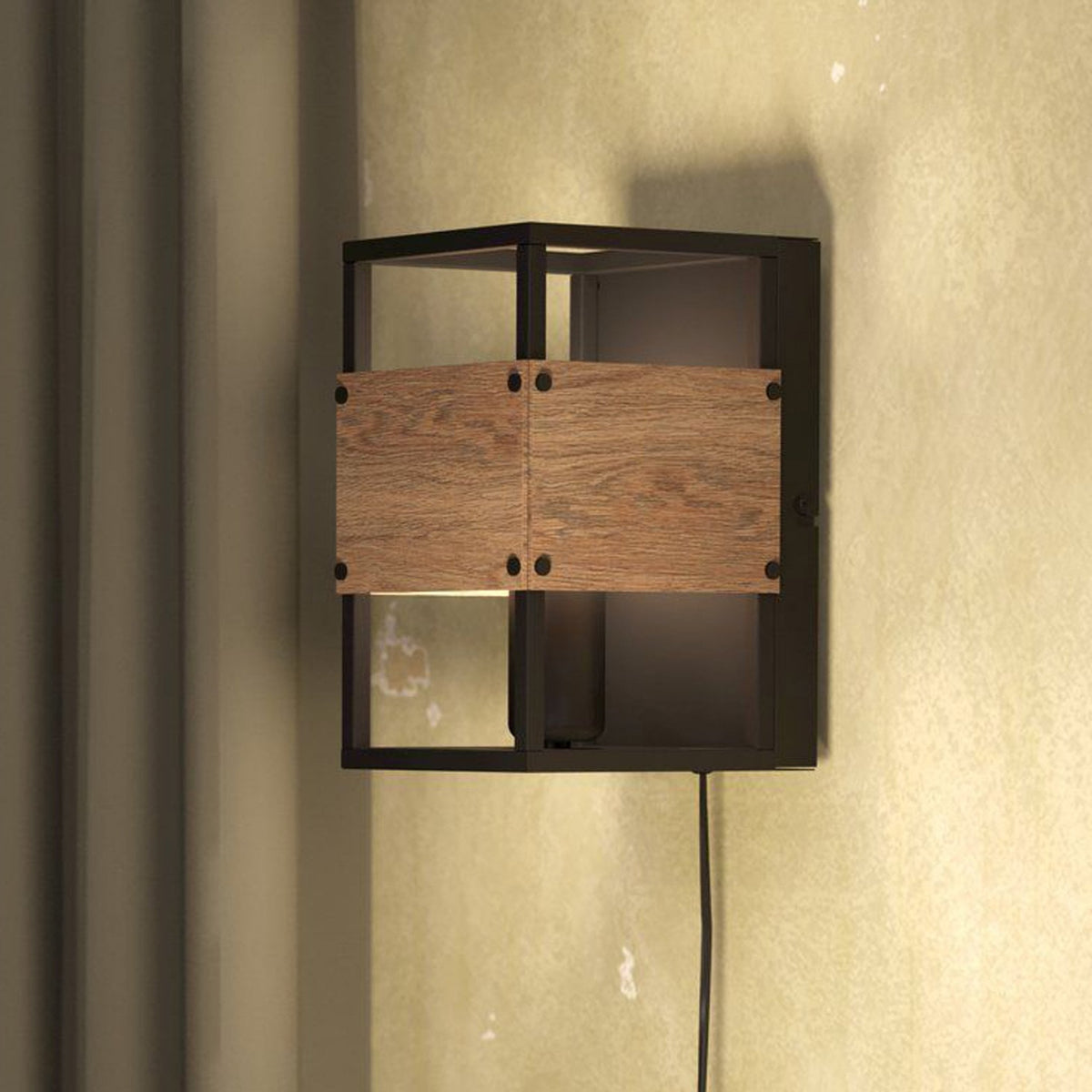 Evesham Wall Light with Plug in Black with Dark Wooden Panels