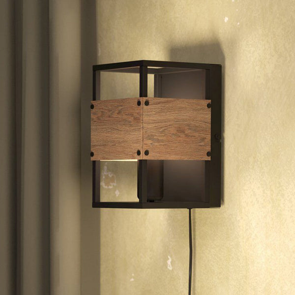 Evesham Wall Light with Plug in Black with Dark Wooden Panels