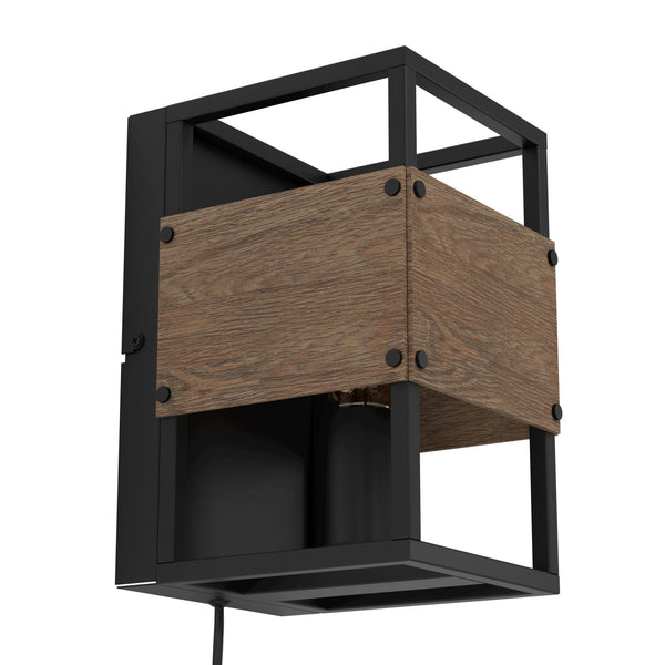 Evesham Wall Light with Plug in Black with Dark Wooden Panels