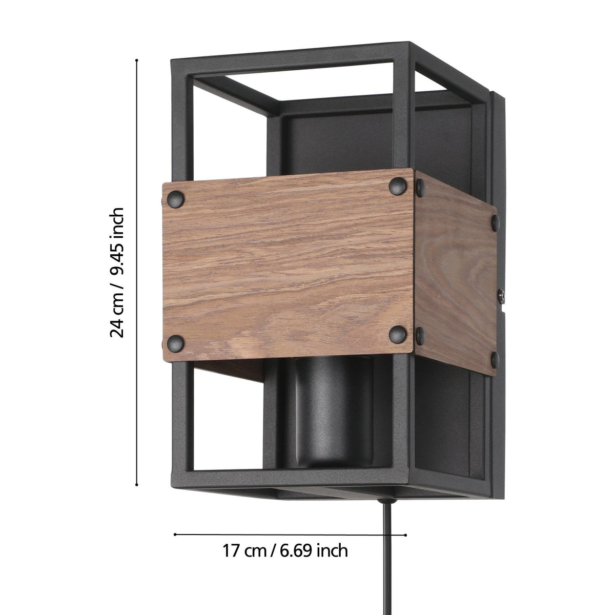Evesham Wall Light with Plug in Black with Dark Wooden Panels
