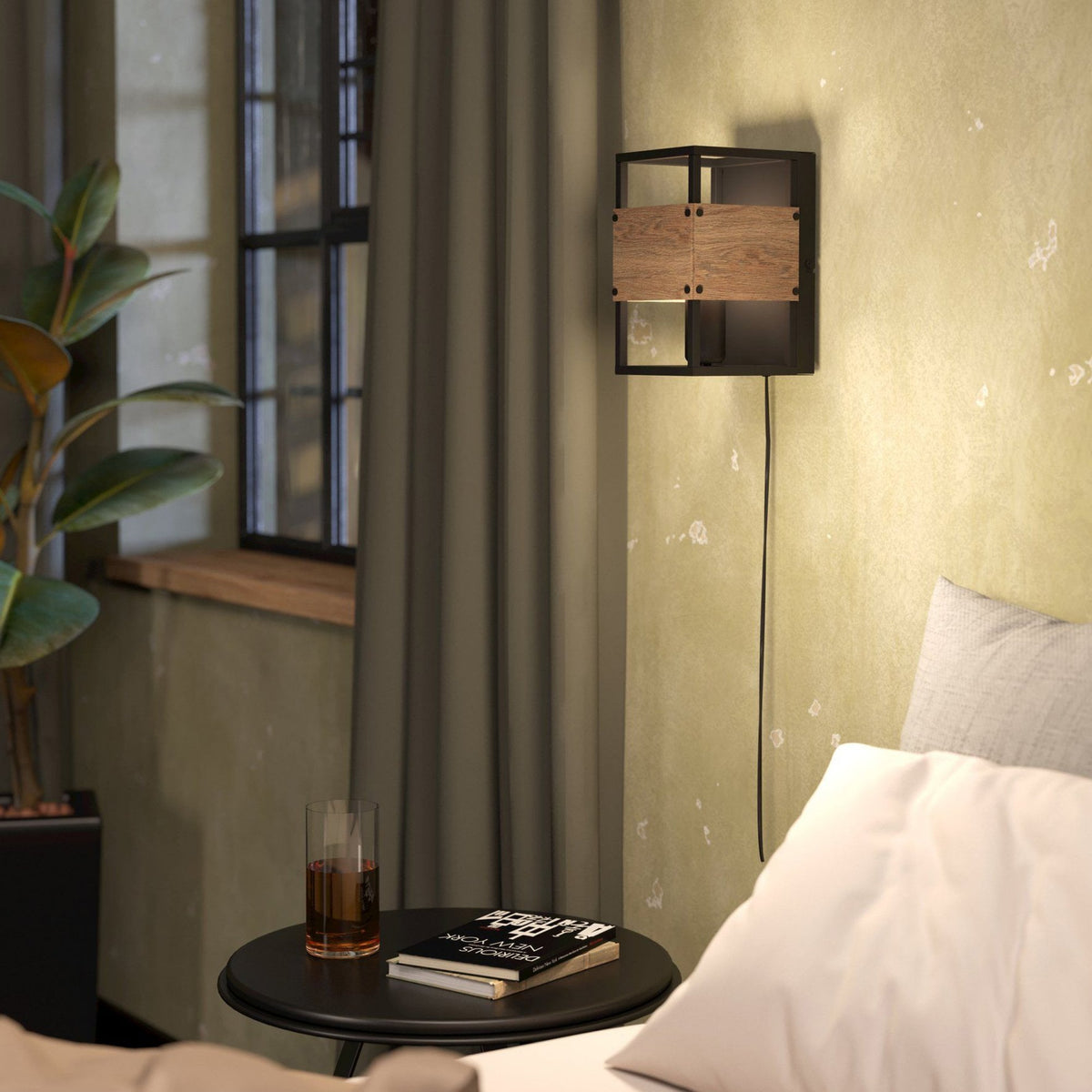 Evesham Wall Light with Plug in Black with Dark Wooden Panels