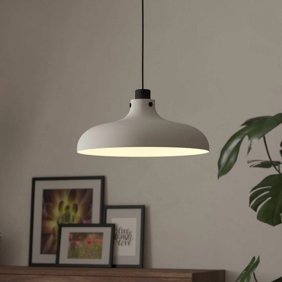 A white pendant light illuminates a cosy room with plants and framed pictures.