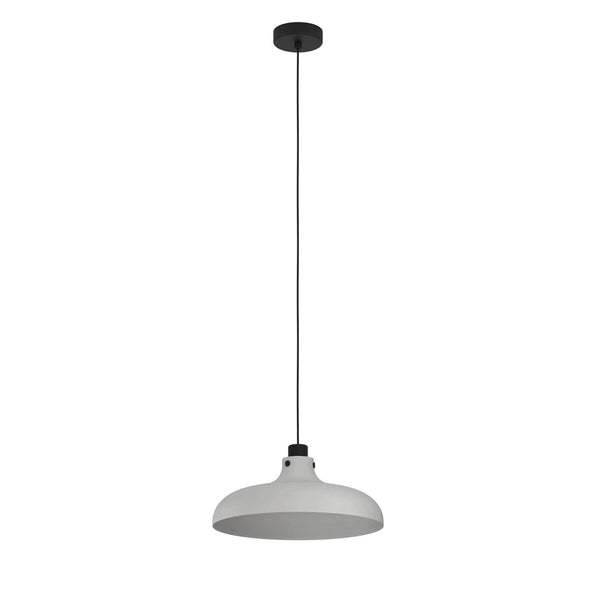 A minimalist white pendant light with a black ceiling rose on a white background.