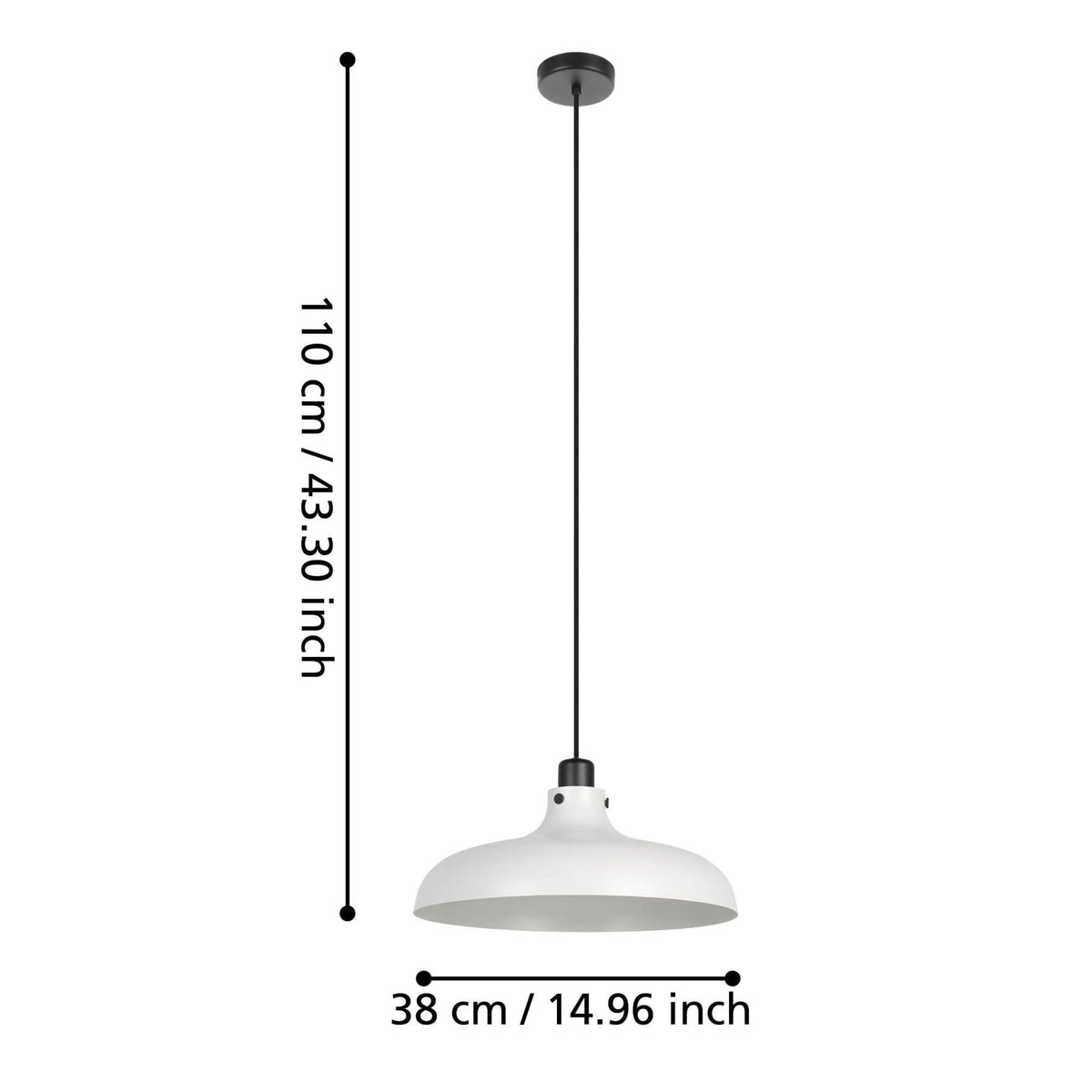 Dimensions of the white pendant light, showing a total height of 110 cm and width of 38 cm.