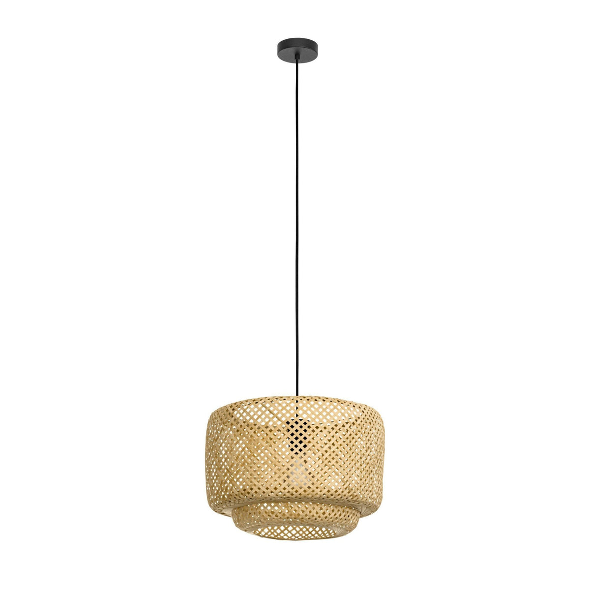 A two-tiered natural bamboo pendant light hangs against a plain white background.