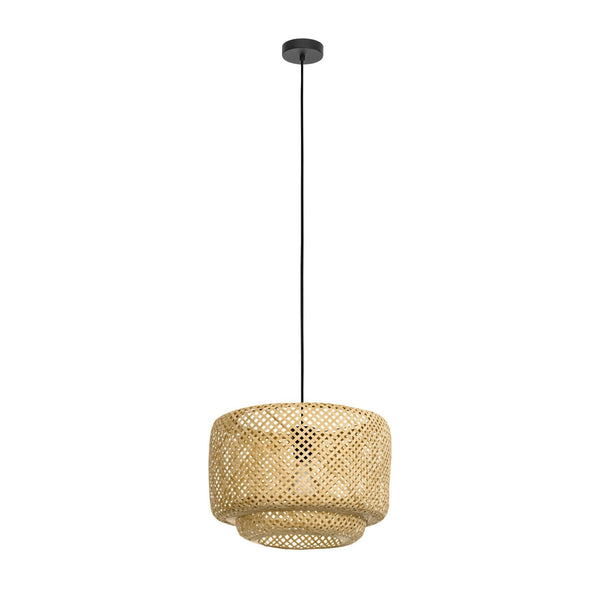 A two-tiered natural bamboo pendant light hangs against a plain white background.