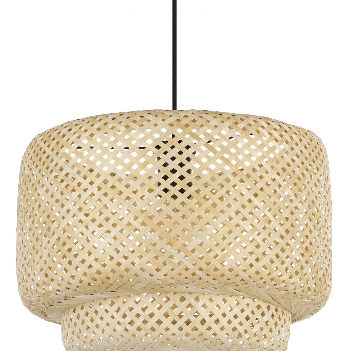 A close-up of a two-tiered natural bamboo pendant light with a woven pattern.