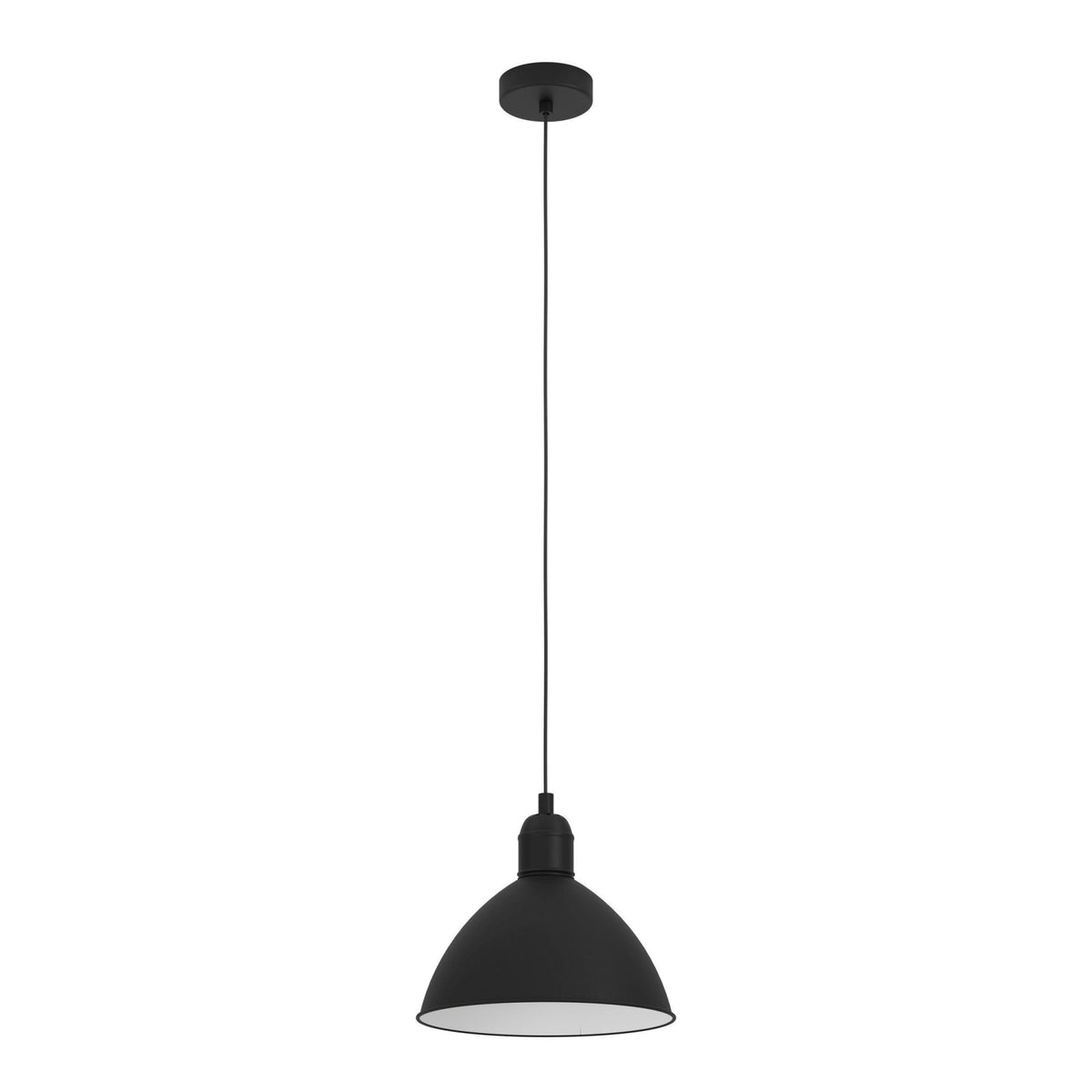 A black dome-shaped pendant light with a white interior hangs from a long cord.