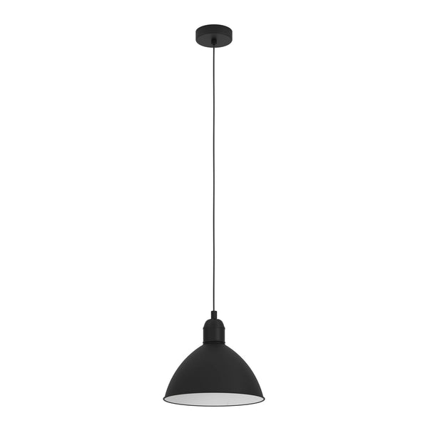 A black dome-shaped pendant light with a white interior hangs from a long cord.