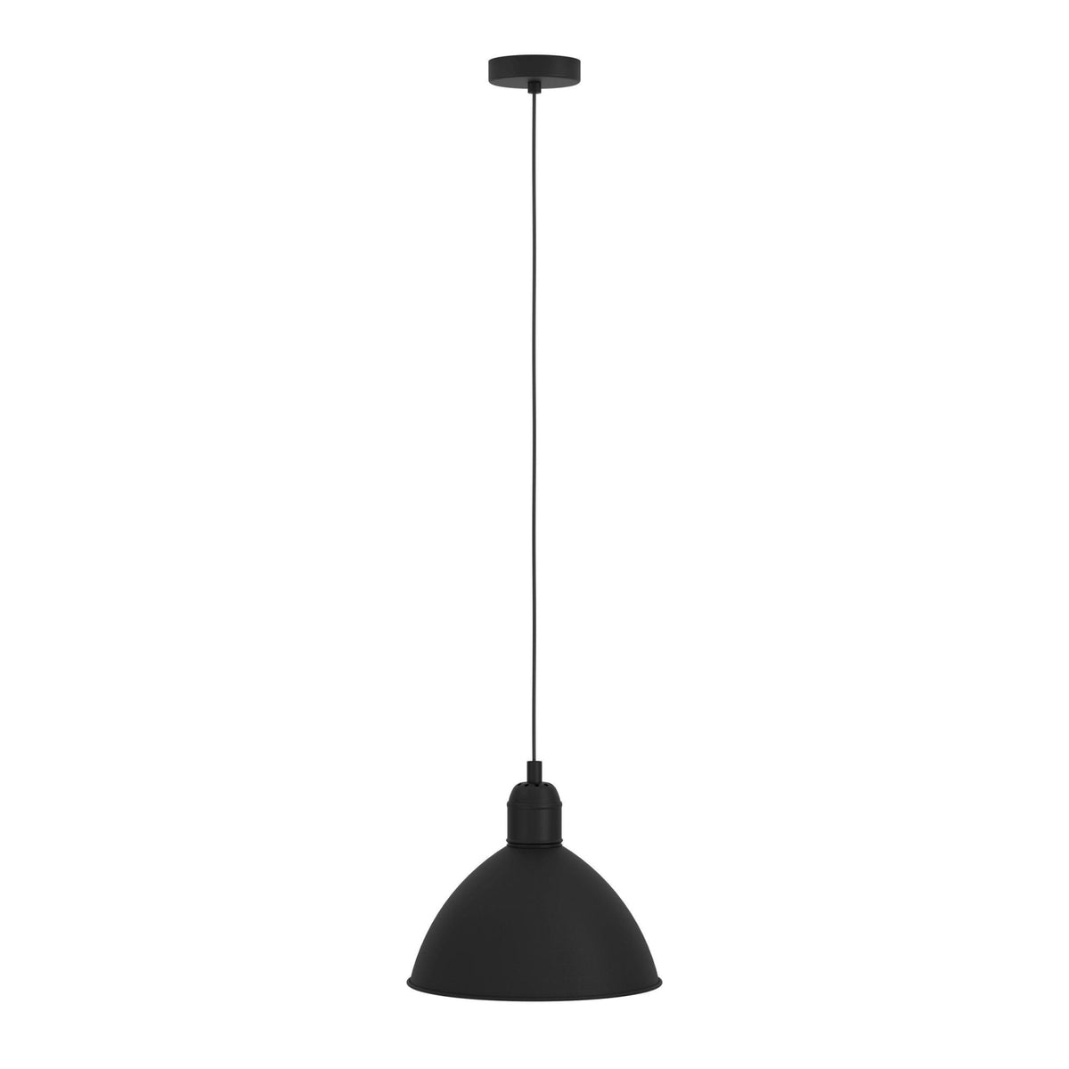 A single black pendant light with a dome-shaped shade and a long hanging cord.