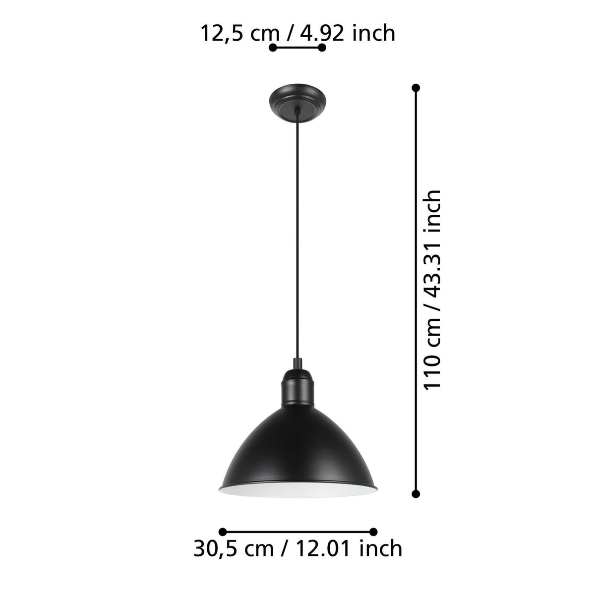 A diagram illustrating the dimensions of a black dome pendant light in cm and inches.