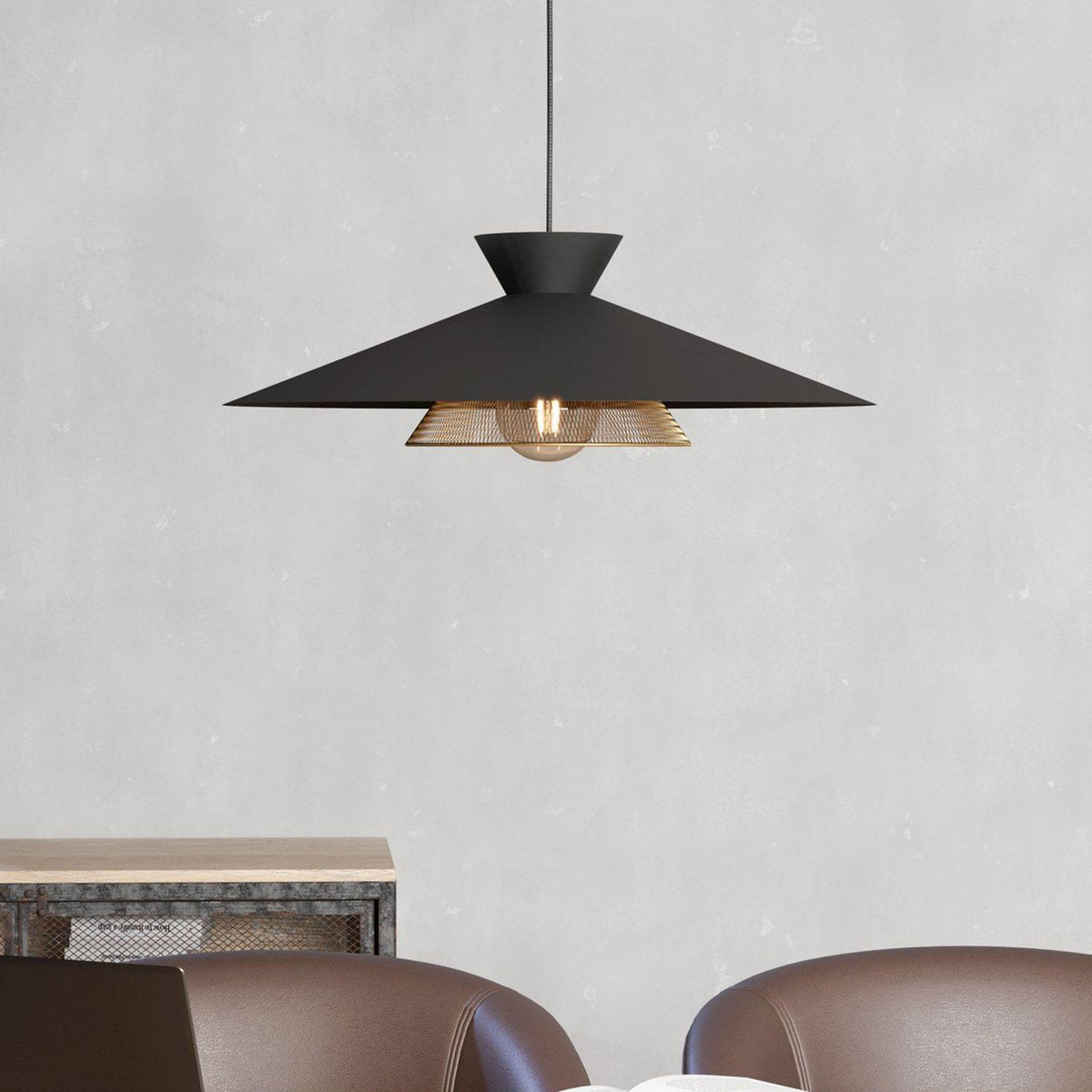 Grizedale Single Drop Pendant with Black Metal Lampshade with an Inner Brass Element
