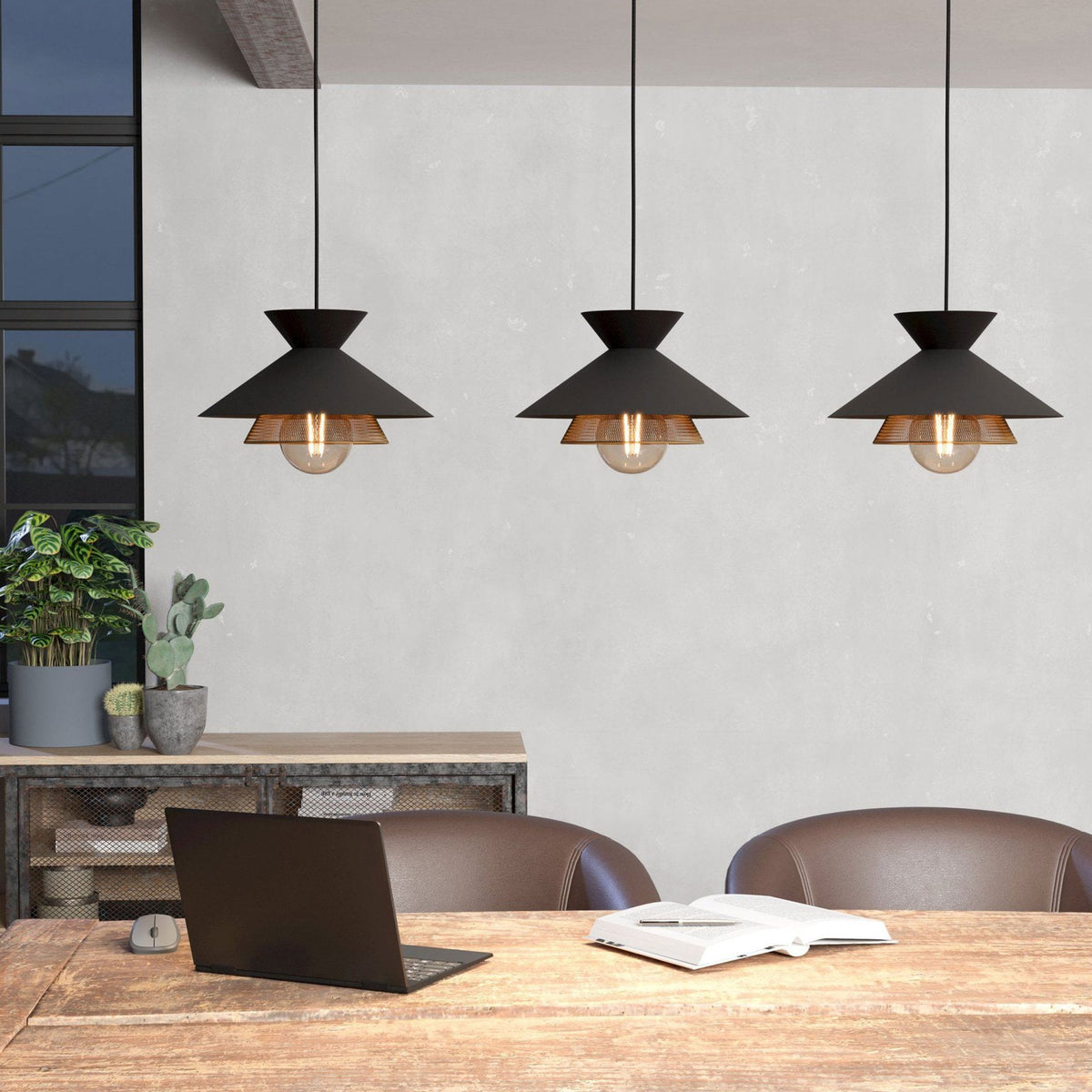 Grizedale Triple Drop Pendant with Black Metal Lampshades with an Inner Brass Elements