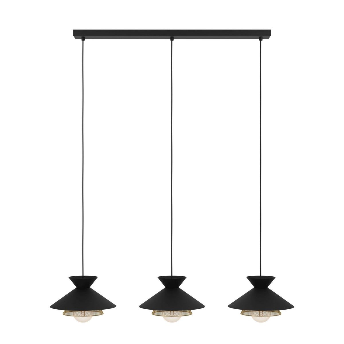 Grizedale Triple Drop Pendant with Black Metal Lampshades with an Inner Brass Elements