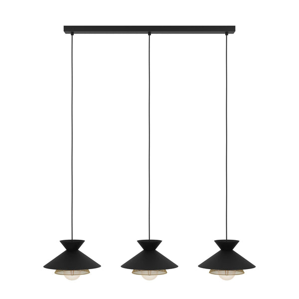 Grizedale Triple Drop Pendant with Black Metal Lampshades with an Inner Brass Elements