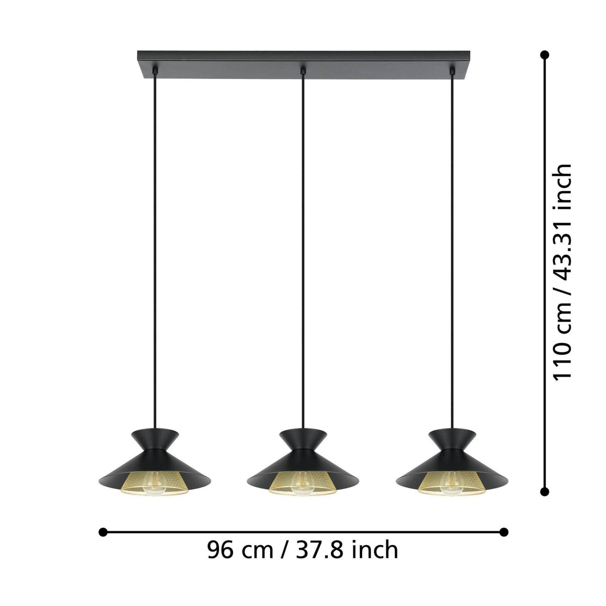 Grizedale Triple Drop Pendant with Black Metal Lampshades with an Inner Brass Elements