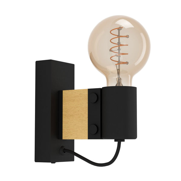 A black and gold wall light with an exposed vintage-style bulb, shown on a white background.