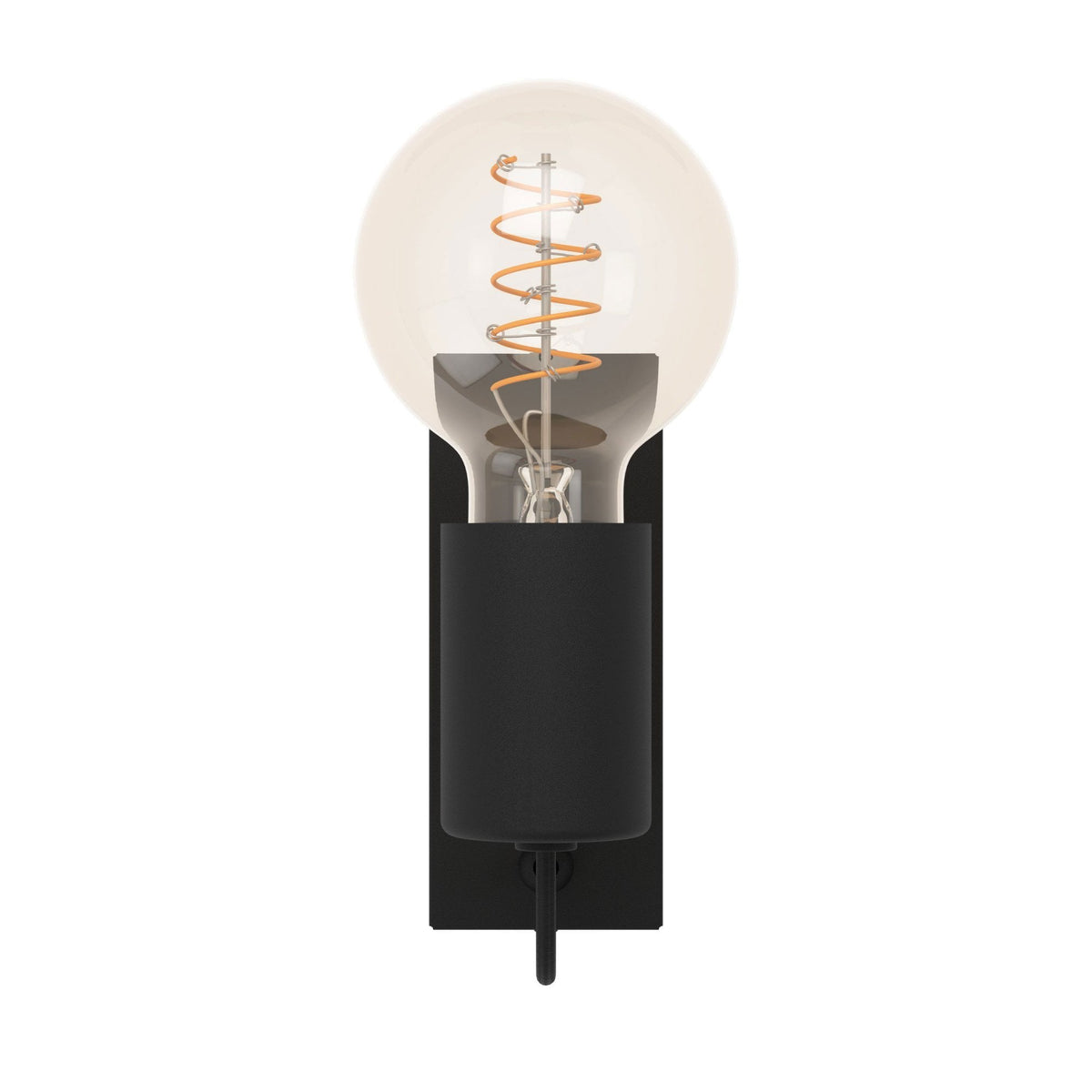 A black wall light with a single exposed vintage-style bulb, shown from a front perspective.