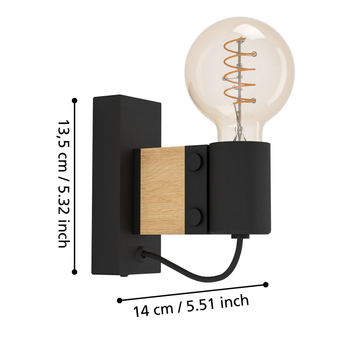 Dimensions of the black and gold wall light with an exposed bulb, measuring 13.5cm by 14cm.