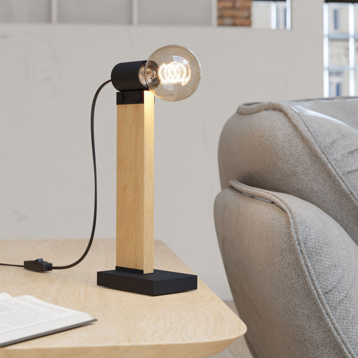 Bailrigg Table Lamp in Black with Wood Detailing