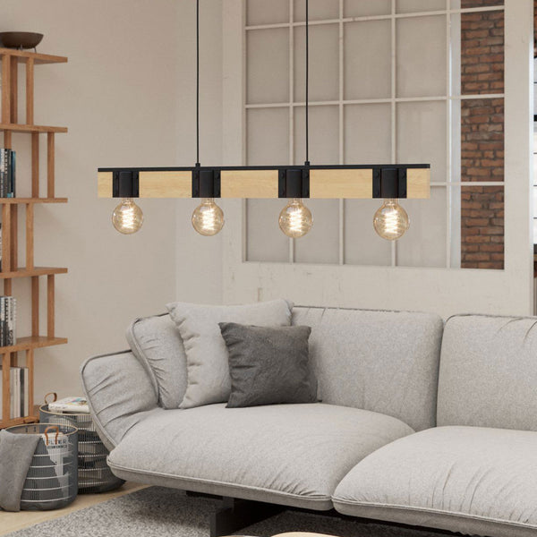 Bailrigg Four Lamp Linear Pendant in Black with Wood Detailing
