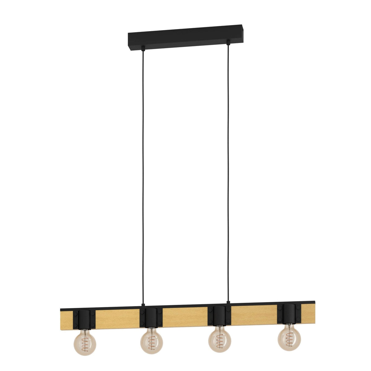 Bailrigg Four Lamp Linear Pendant in Black with Wood Detailing