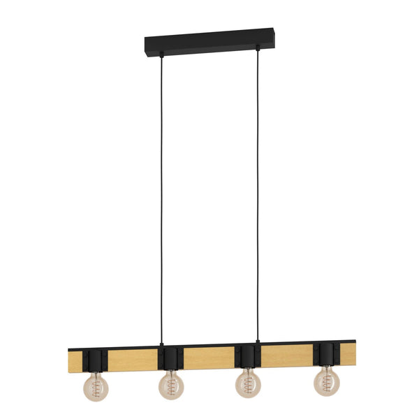 Bailrigg Four Lamp Linear Pendant in Black with Wood Detailing