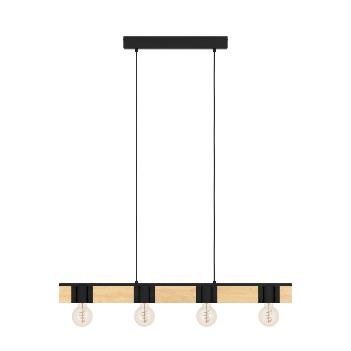 Bailrigg Four Lamp Linear Pendant in Black with Wood Detailing