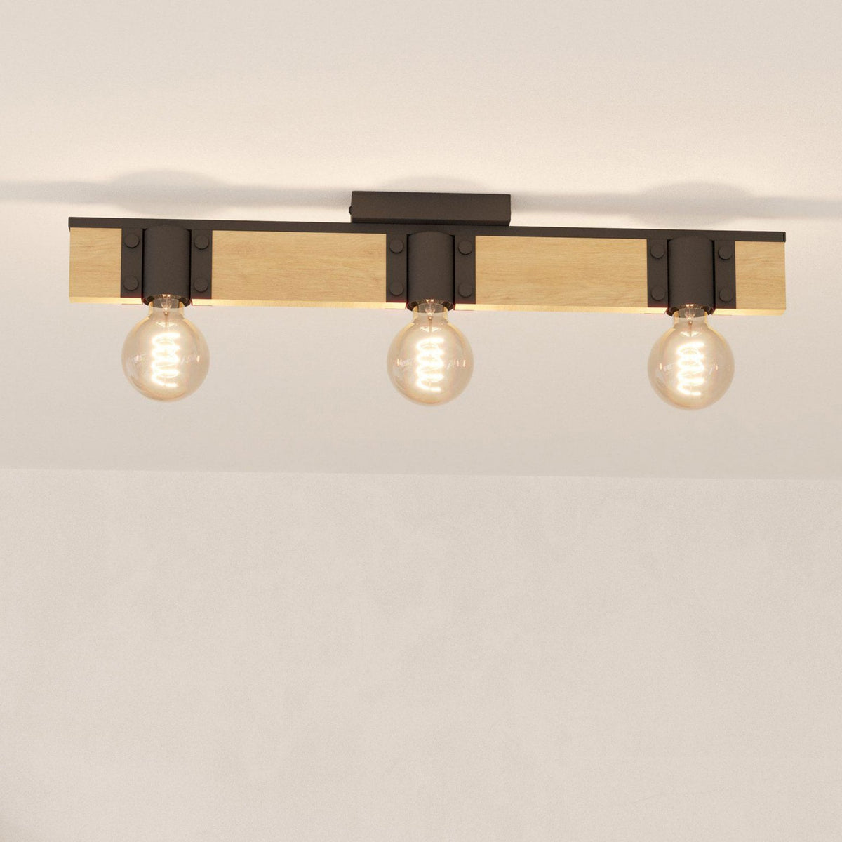 Bailrigg Three Lamp Linear Ceiling Light in Black with Wood Detailing